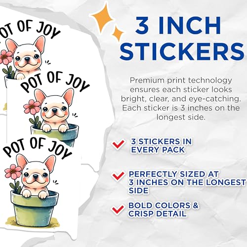 (3 Pack) French Bulldog Decals - Puppy in Pot - Dog Lover Decals - 3 Inches On Longest Side - Easy Peel & Apply - Made in USA - 3MCS2402
