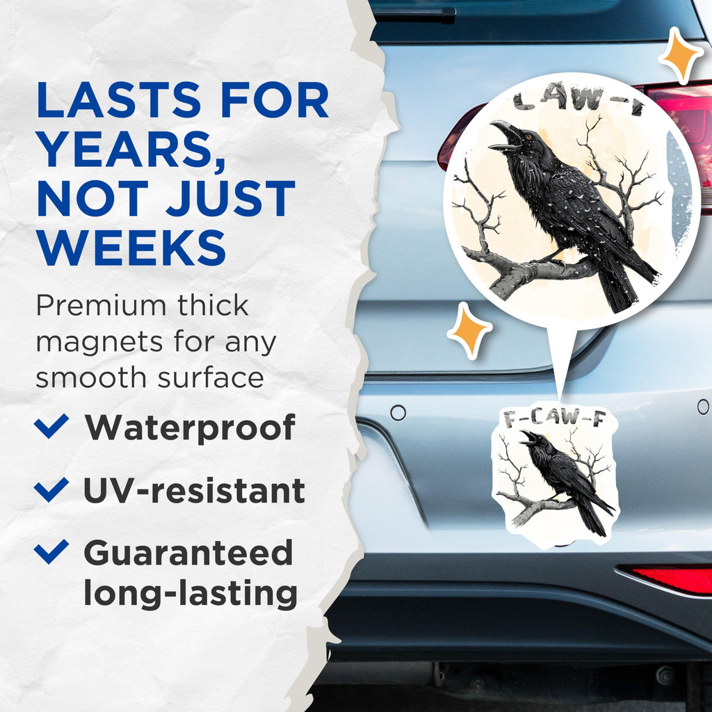(2 Pack) Raven Magnets - Black Bird Illustration - F-CAW-F Magnet - 5" On Longest Side - Premium Magnet - for Cars, Refrigerators, Toolboxes, Lockers - Made in USA - MAG15025