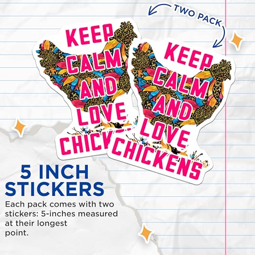 (2 Pack) Keep Calm and Love Chickens Stickers - Farm Life Sticker - Colorful Chicken Sticker - 5" On Longest Side - Sticks to Smooth Flat Surfaces - Made in USA - BMCS5641