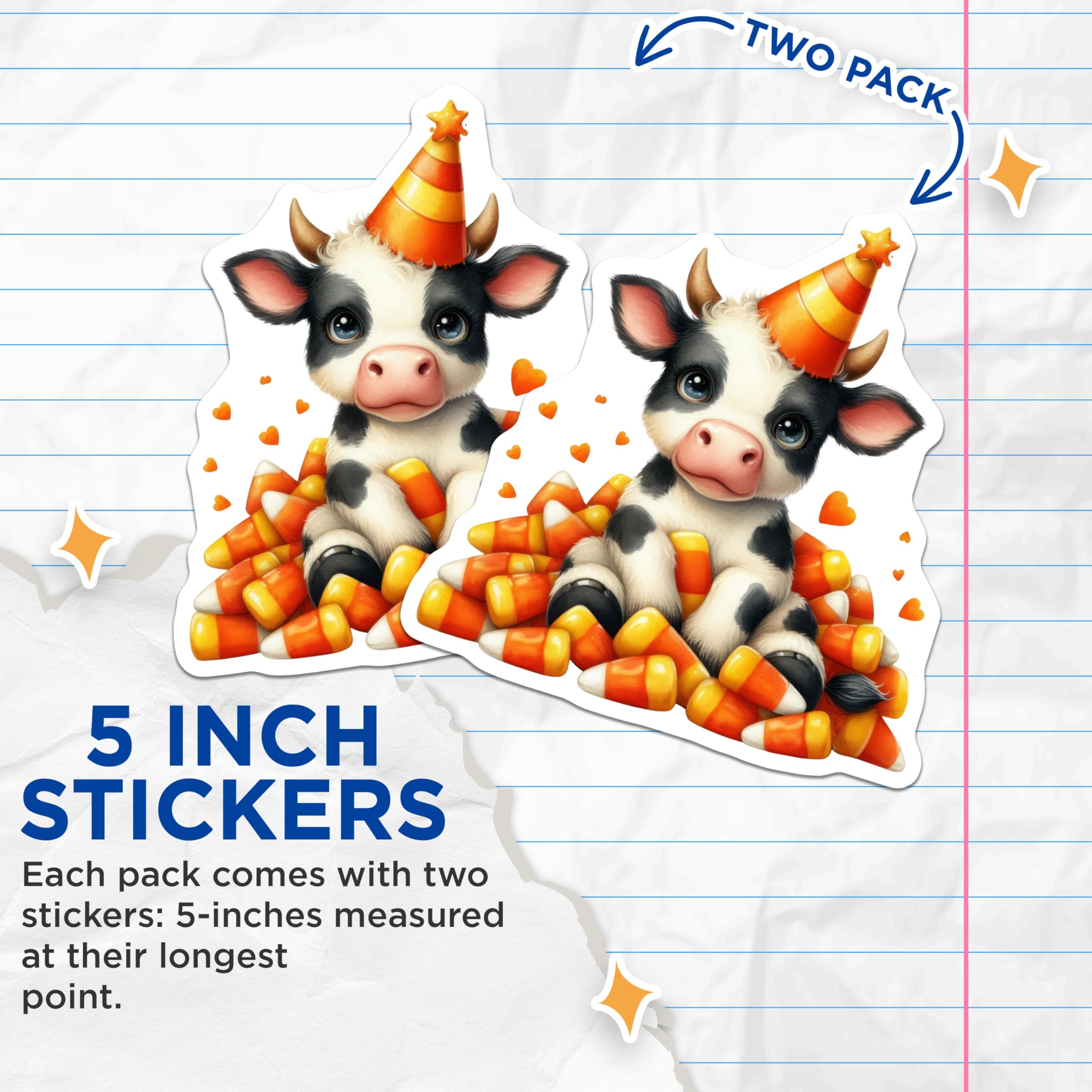 (2 Pack) Cow Candy Corn Stickers - Cute Animal Stickers - Halloween Stickers - 5" On Longest Side - Sticks to Smooth Flat Surfaces - Made in USA - BMCS10752