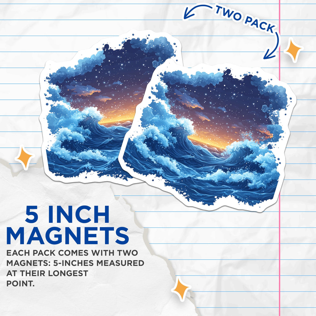 (2 Pack) Starry Night Ocean Waves Magnets - Coastal Fridge Decor - Fantasy Seascape Art - 5 Inches On Longest Side - Thick Durable Magnet - Made in USA - MAG25240
