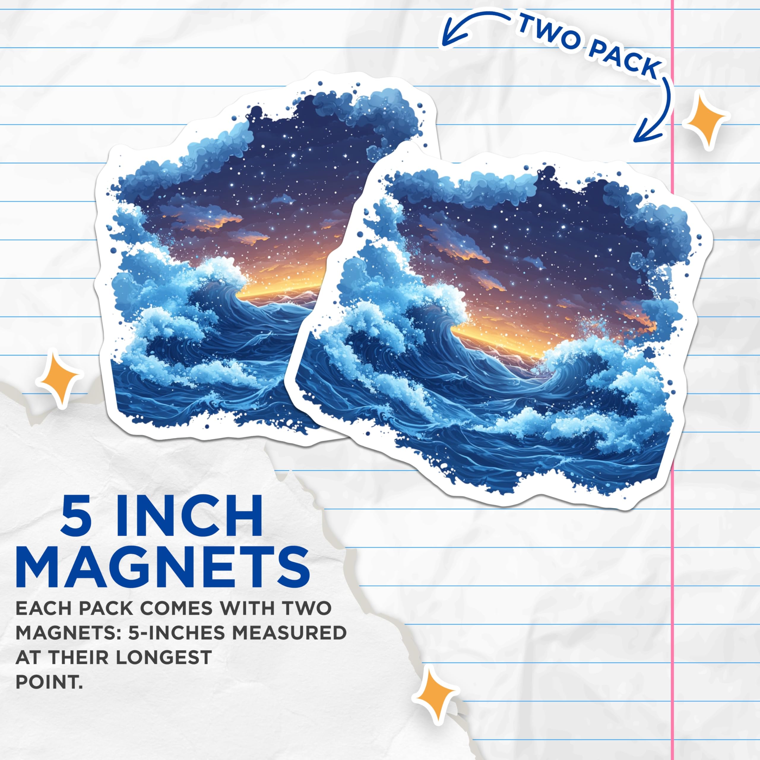 (2 Pack) Starry Night Ocean Waves Magnets - Coastal Fridge Decor - Fantasy Seascape Art - 5 Inches On Longest Side - Thick Durable Magnet - Made in USA - MAG25240