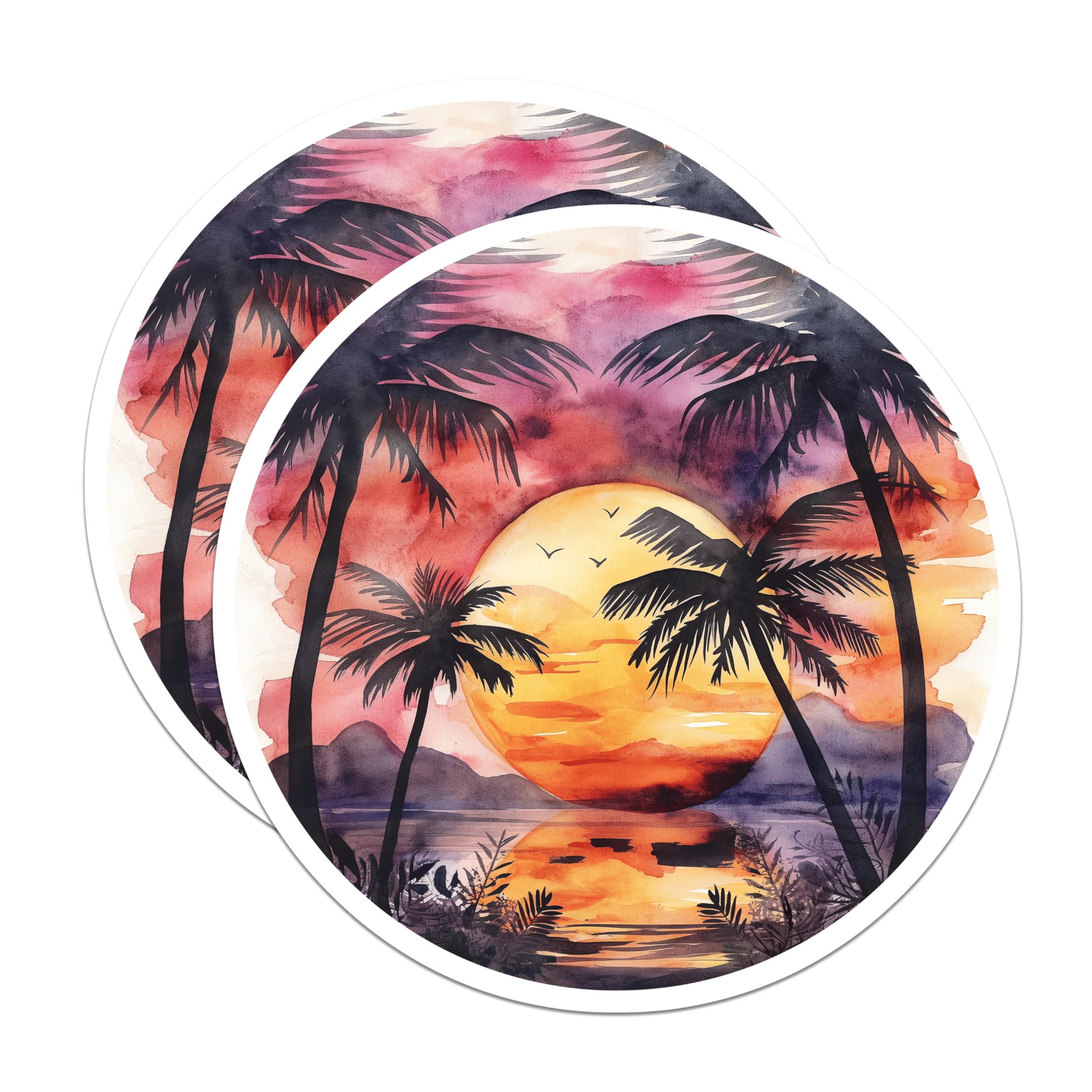 (2 Pack) Tropical Sunset Magnets - Palm Tree Beach Scene - Watercolor Landscape Art Decor - 5 Inches On Longest Side - Thick Durable Magnet - Made in USA - MAG19811