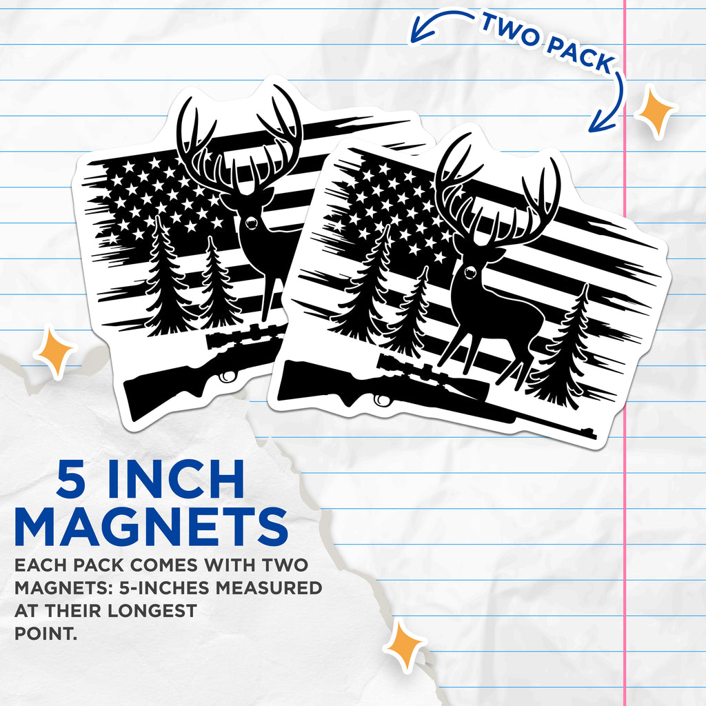 (2 Pack) Hunting Magnets - Deer Hunter American Flag Patriotic - Rifle Hunter Outdoorsman Decor - 5 Inches On Longest Side - Thick Durable Magnet - Made in USA - MAG37263