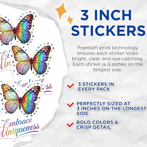 (3 Pack) Autism Butterfly Decals - Embrace Uniqueness Decals - Puzzle Pieces Butterflies - 3 Inches On Longest Side - Easy Peel & Apply - Made in USA - 3MCS0062