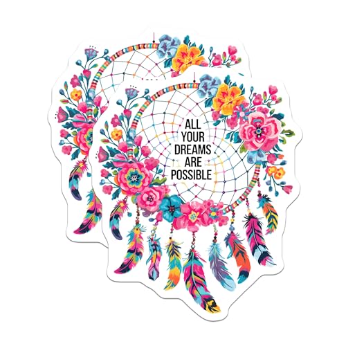 (2 Pack) Inspirational Dreamcatcher Stickers - Motivational Quotes - Colorful Floral Feathers Art - 5" On Longest Side - Sticks to Smooth Flat Surfaces - Made in USA - BMCS7249
