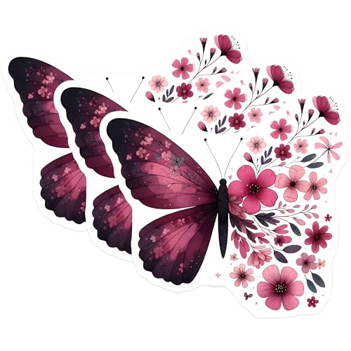 (3 Pack) Butterfly Decals - Floral Wing Stickers - Pink Flower Laptop Decals - 3 Inches On Longest Side - Easy Peel & Apply - Made in USA - 3MCS8506