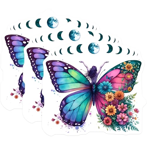 (3 Pack) Butterfly Woman Decals - Moon Phase Decal - Floral Laptop Decal - 3 Inches On Longest Side - Easy Peel & Apply - Made in USA - 3MCS8493