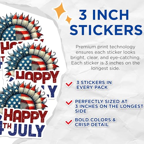 (3 Pack) Patriotic Decals - 4th of July - Sunflower Decals - 3 Inches On Longest Side - Easy Peel & Apply - Made in USA - 3MCS6636