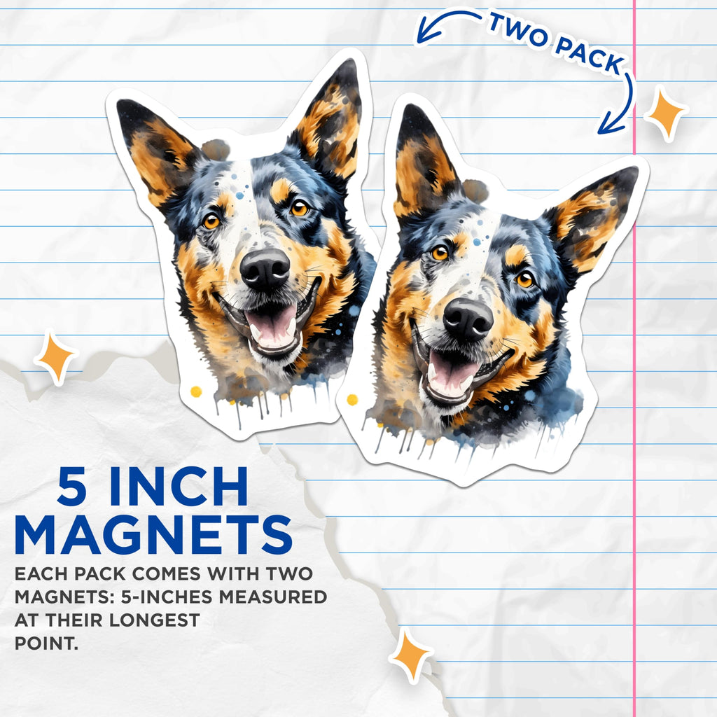 (2 Pack) Australian Cattle Dog Magnets - Blue Heeler Art Decor - Pet Owner Collectible - 5 Inches On Longest Side - Thick Durable Magnet - Made in USA - MAG29374