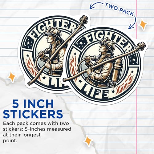 (2 Pack) Firefighter Life Stickers - Fireman Hero Decal - Emergency Responder Sticker - 5" On Longest Side - Sticks to Smooth Flat Surfaces - Made in USA - BMCS7147