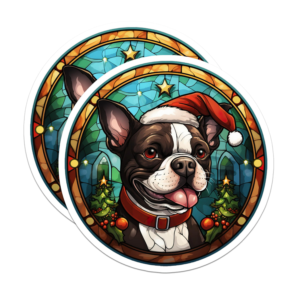 (2 Pack) Boston Terrier Magnets - Christmas Dog Holiday Decor - Stained Glass Art Style Pet Fridge Magnet - 5 Inches On Longest Side - Thick Durable Magnet - Made in USA - MAG23476