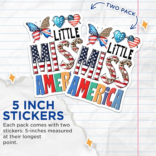 (2 Pack) Little Miss America Stickers - Patriotic Butterfly - Heart Sunglasses - 5" On Longest Side - Sticks to Smooth Flat Surfaces - Made in USA - BMCS7443