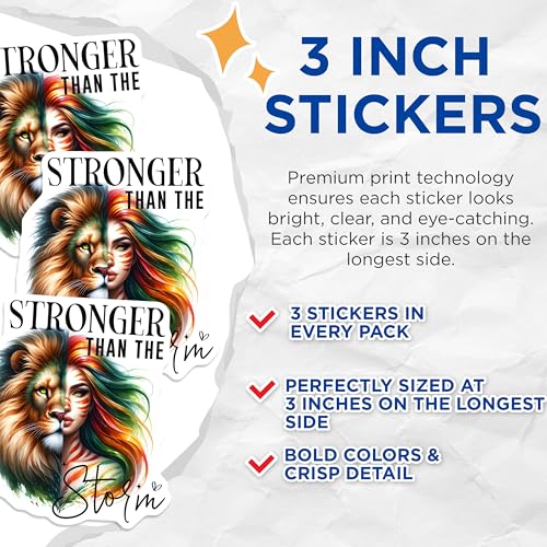 (3 Pack) Stronger Than The Storm Decals - Lion Woman Art - Laptop Decals - 3 Inches On Longest Side - Easy Peel & Apply - Made in USA - 3MCS8000