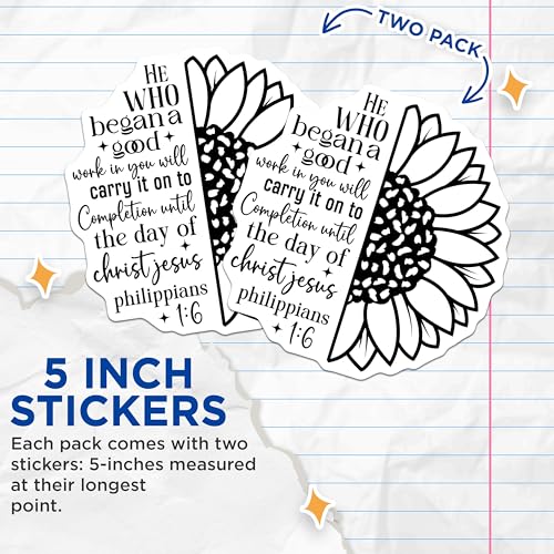 (2 Pack) He Who Began A Good Work Stickers - Inspirational Sunflower Stickers - Bible Verse Stickers for Faith - 5" On Longest Side - Sticks to Smooth Flat Surfaces - Made in USA - BMCS3849