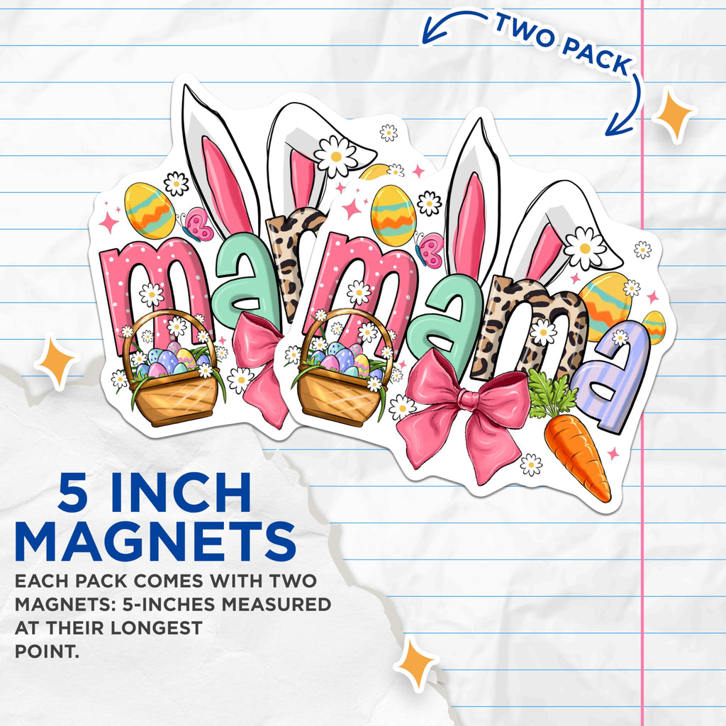 (2 Pack) Easter Mama Magnets - Bunny Ears Print - Leopard Pattern Lettering - Spring Egg Basket Decoration - 5 Inches On Longest Side - Thick Durable Magnet - Made in USA - MAG24857