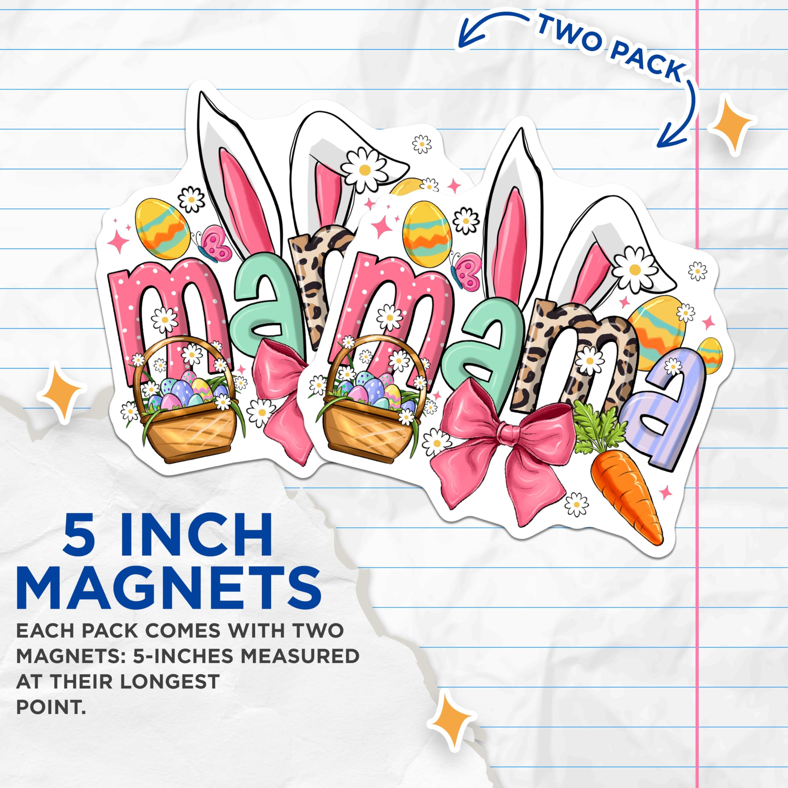 (2 Pack) Easter Mama Magnets - Bunny Ears Print - Leopard Pattern Lettering - Spring Egg Basket Decoration - 5 Inches On Longest Side - Thick Durable Magnet - Made in USA - MAG24857