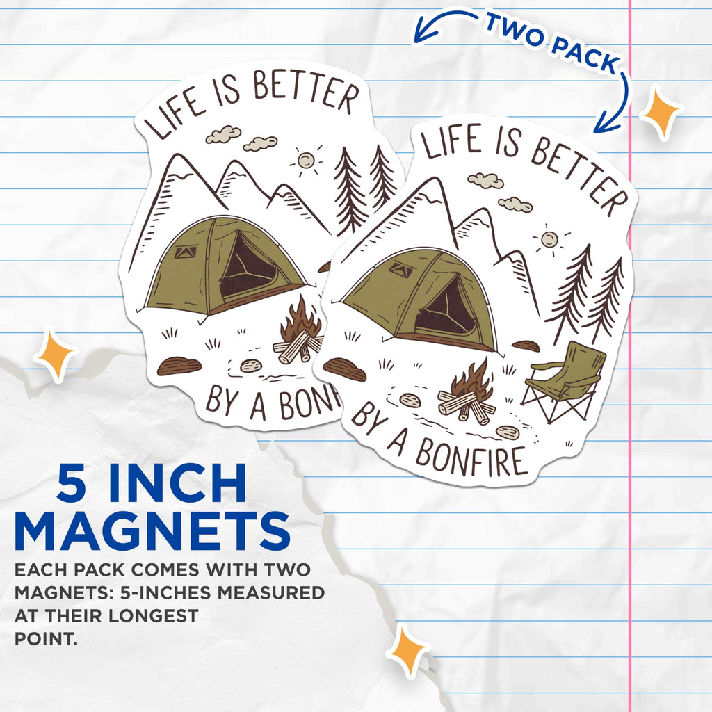 (2 Pack) Camping Trip Magnets - Bonfire Adventure - Outdoor Lover Refrigerator Decor - 5" On Longest Side - Premium Magnet - for Cars, Refrigerators, Toolboxes, Lockers - Made in USA - MAG17170