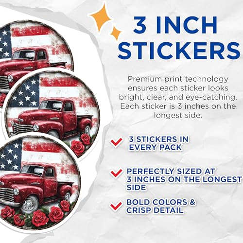 (3 Pack) American Flag Truck Decals - Vintage Pickup Truck - Patriotic Decals - 3 Inches On Longest Side - Easy Peel & Apply - Made in USA - 3MCS0041