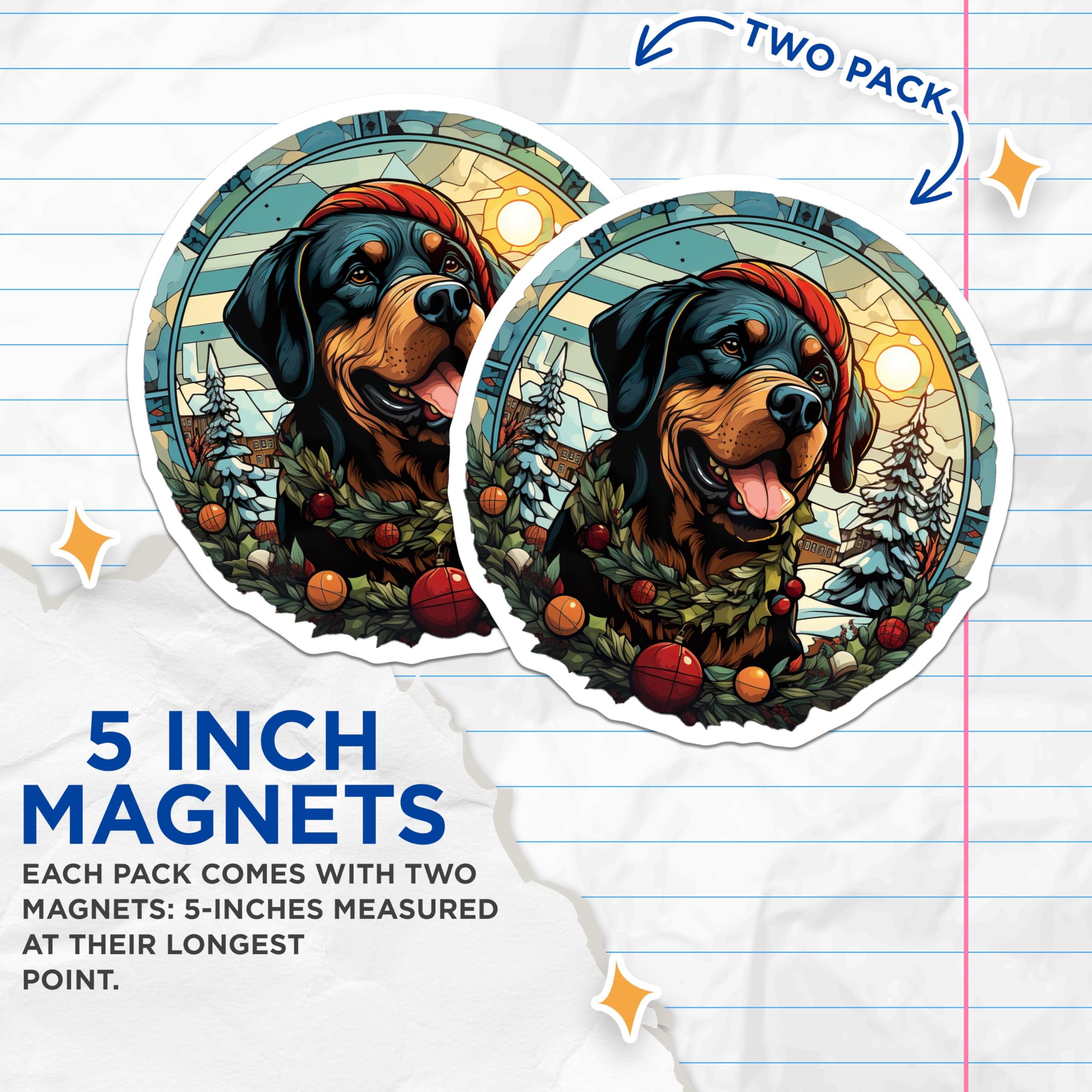 (2 Pack) Rottweiler Christmas Magnets - Stained Glass Winter Dog - Festive Holiday Pet Decor - 5 Inches On Longest Side - Thick Durable Magnet - Made in USA - MAG24852