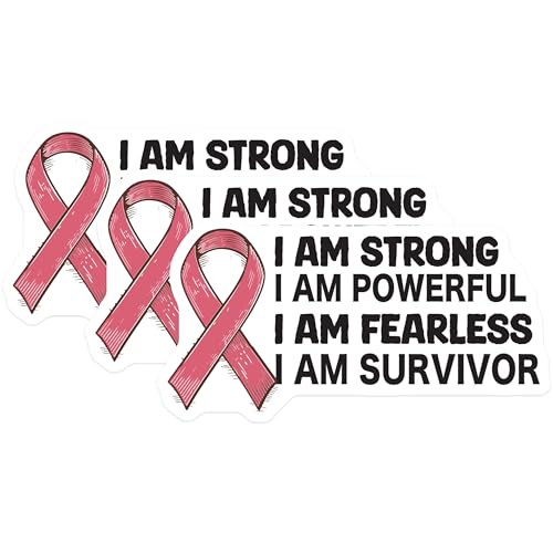 (3 Pack) Breast Cancer Decals - Survivor Ribbon Decal - Strong Powerful Fearless Decal - 3 Inches On Longest Side - Easy Peel & Apply - Made in USA - 3MCS4758