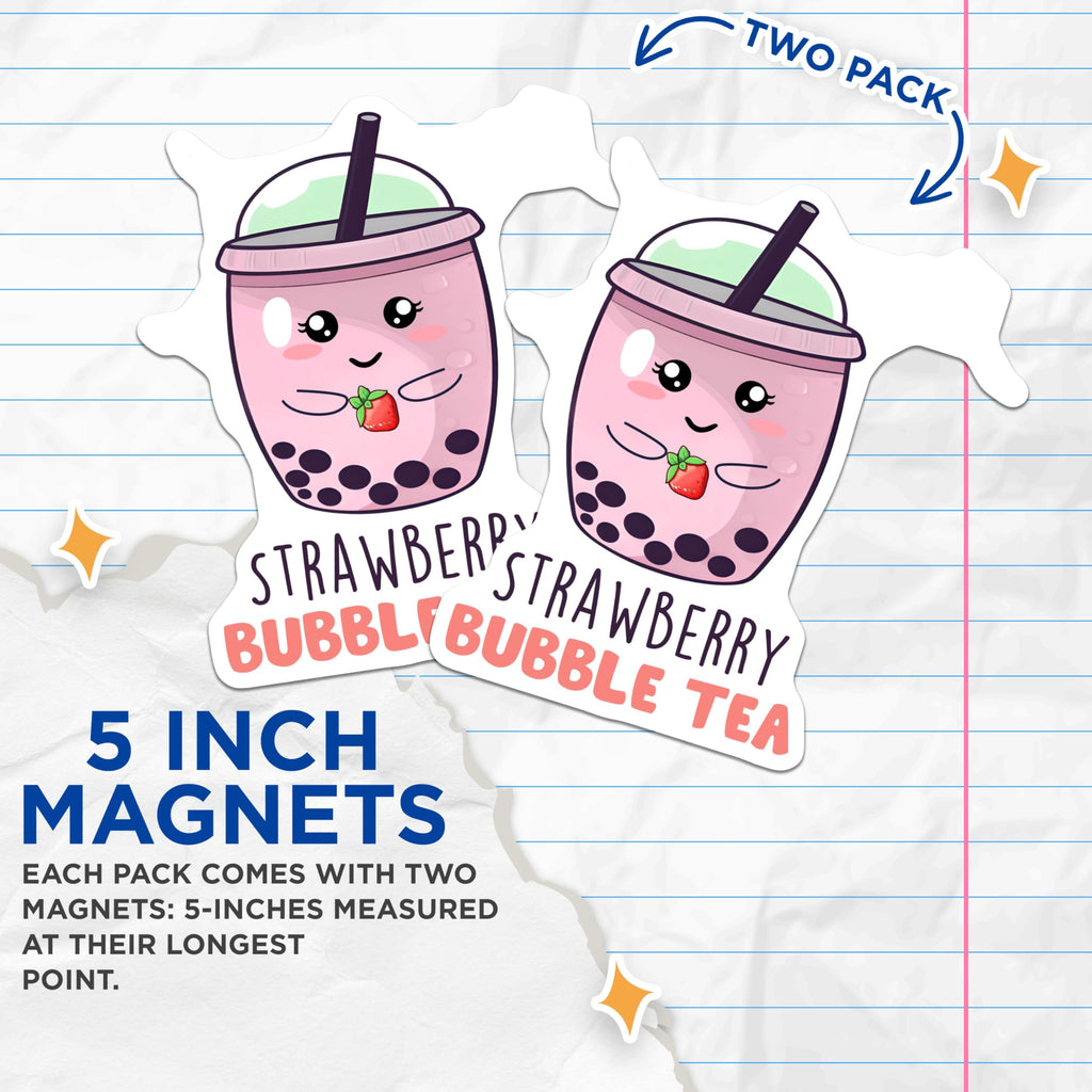 (2 Pack) Bubble Tea Magnets - Strawberry Drink - Cute Kitchen Decor - Boba Tea Decor - 5" On Longest Side - for Cars, Fridges, Toolboxes - Made in USA - MAG7760