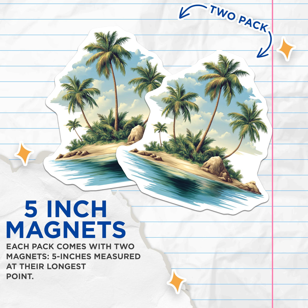 (2 Pack) Tropical Island Magnets - Palm Tree Beach Scene Decor - Ocean Vacation Paradise Fridge Accent - 5 Inches On Longest Side - Thick Durable Magnet - Made in USA - MAG29640