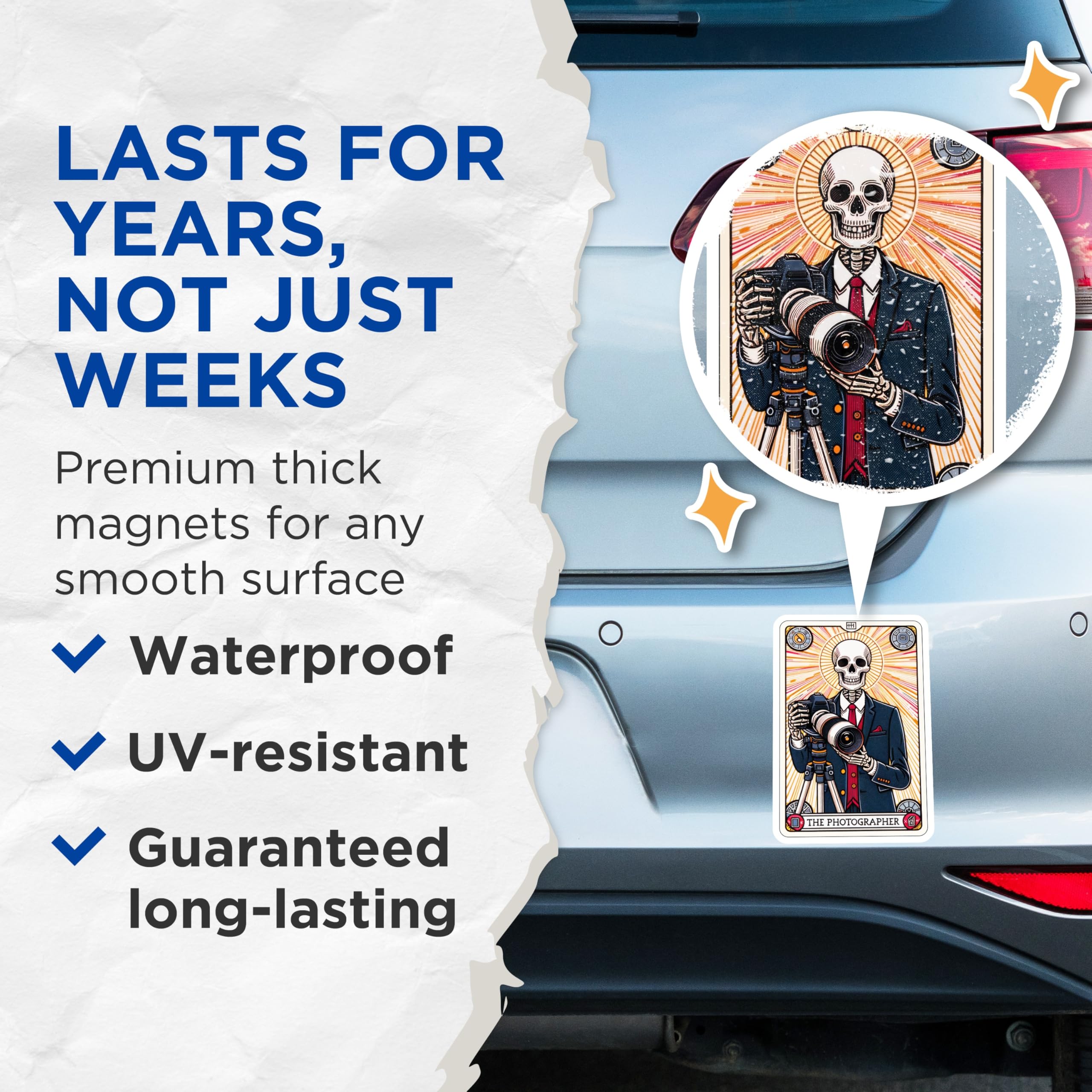 (2 Pack) Skeleton Photographer Magnets - Creative Photography Art - Macabre Camera Decor - Unique Fridge Magnets - 5 Inches On Longest Side - Thick Durable Magnet - Made in USA - MAG22995