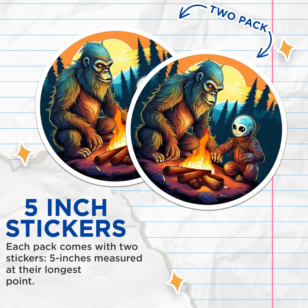 (2 Pack) Bigfoot Alien Campfire Stickers - Sasquatch Extraterrestrial Art - Forest Adventure Cryptid Decal - 5" On Longest Side - Sticks to Smooth Flat Surfaces - Made in USA - BMCS21493