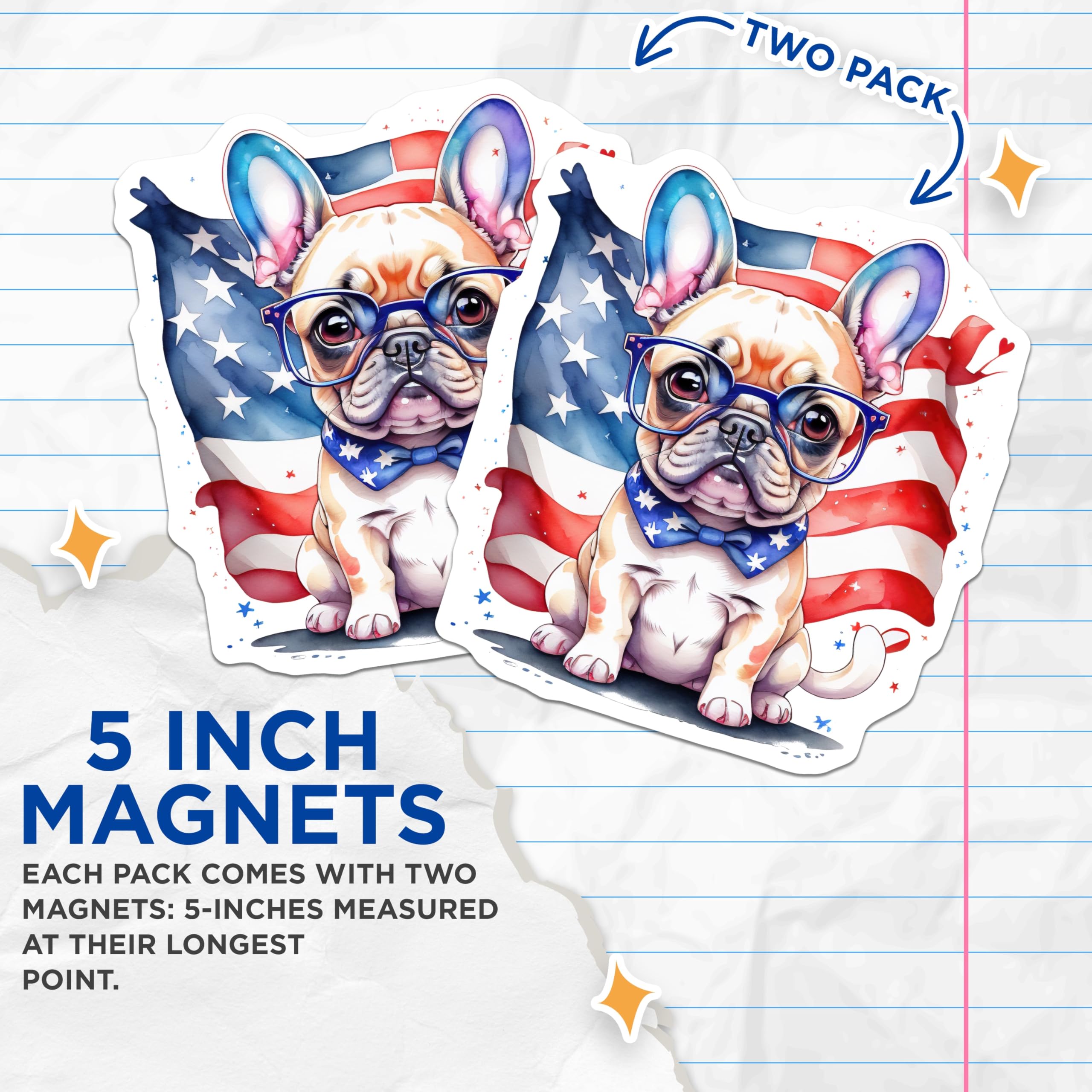 (2 Pack) French Bulldog Magnets - Patriotic Pup with American Flag - Fridge Decor Dog Lover - 5" On Longest Side - Premium Magnet - for Cars, Refrigerators, Toolboxes, Lockers - Made in USA - MAG15014