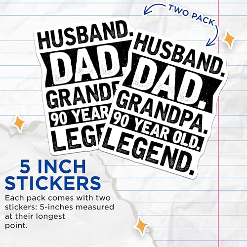 (2 Pack) Husband Dad Grandpa Stickers - 90 Year Old Legend - Retro Family Stickers - 5" On Longest Side - Sticks to Smooth Flat Surfaces - Made in USA - BMCS6158