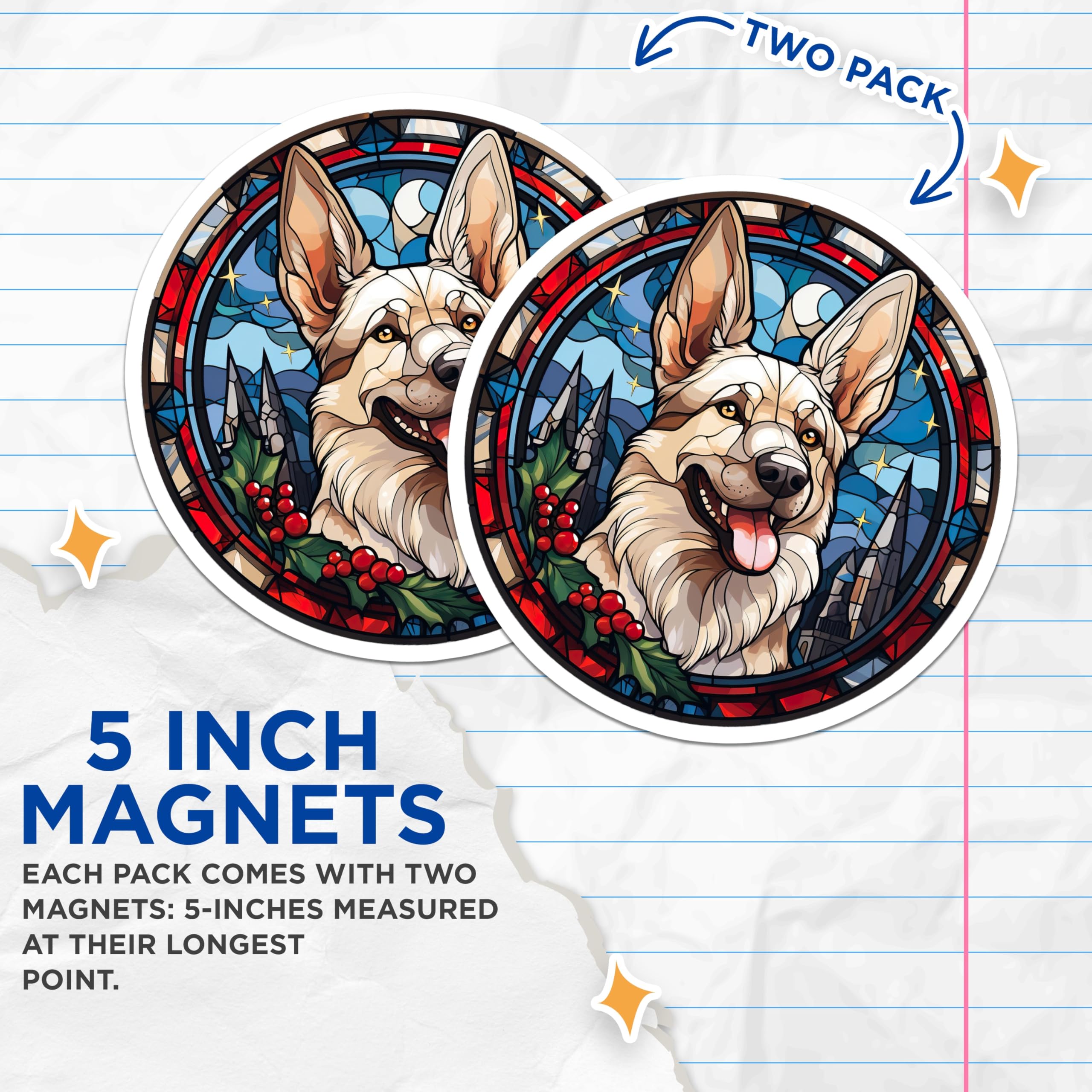 (2 Pack) White German Shepherd Magnets - Stained Glass Dog Art - Christmas Holiday Decor - 5 Inches On Longest Side - Thick Durable Magnet - Made in USA - MAG24581