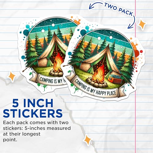 (2 Pack) Camping is My Happy Place Stickers - Outdoor Adventure - Nature Scenic - 5" On Longest Side - Sticks to Smooth Flat Surfaces - Made in USA - BMCS6586