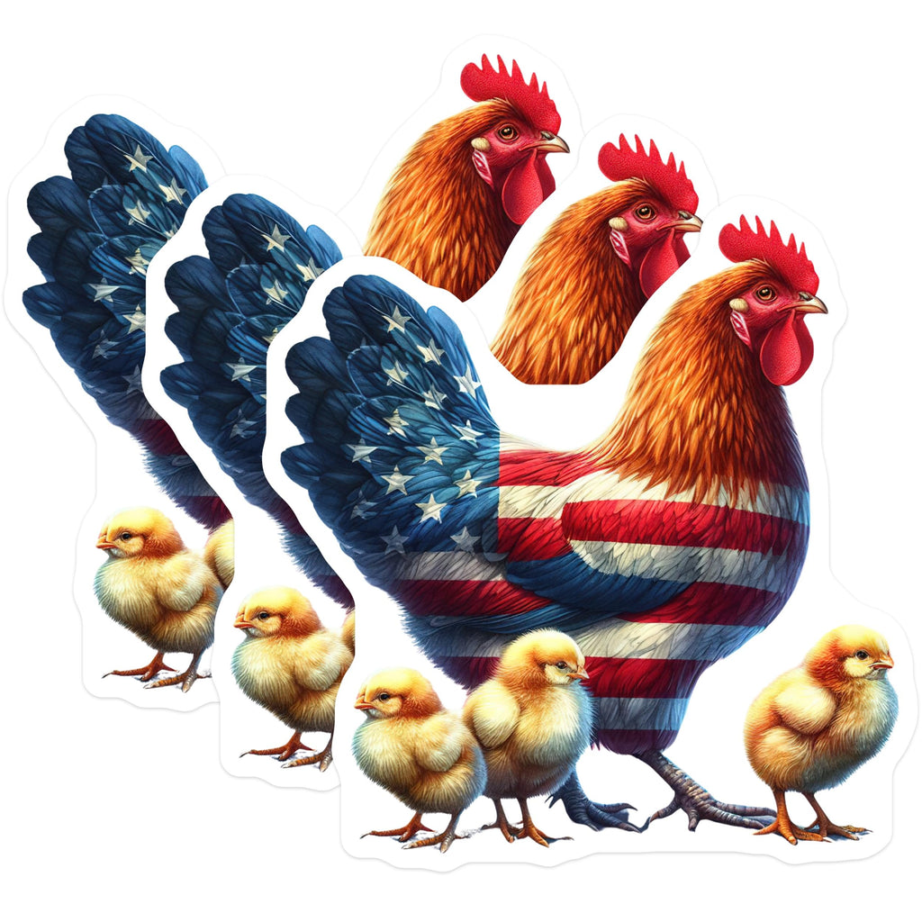 (3 Pack) Patriotic Rooster Decals - American Flag Chicken - Farm Animal Art- 3 Inches On Longest Side - Easy Peel & Apply - Made in USA - 3MCS5731