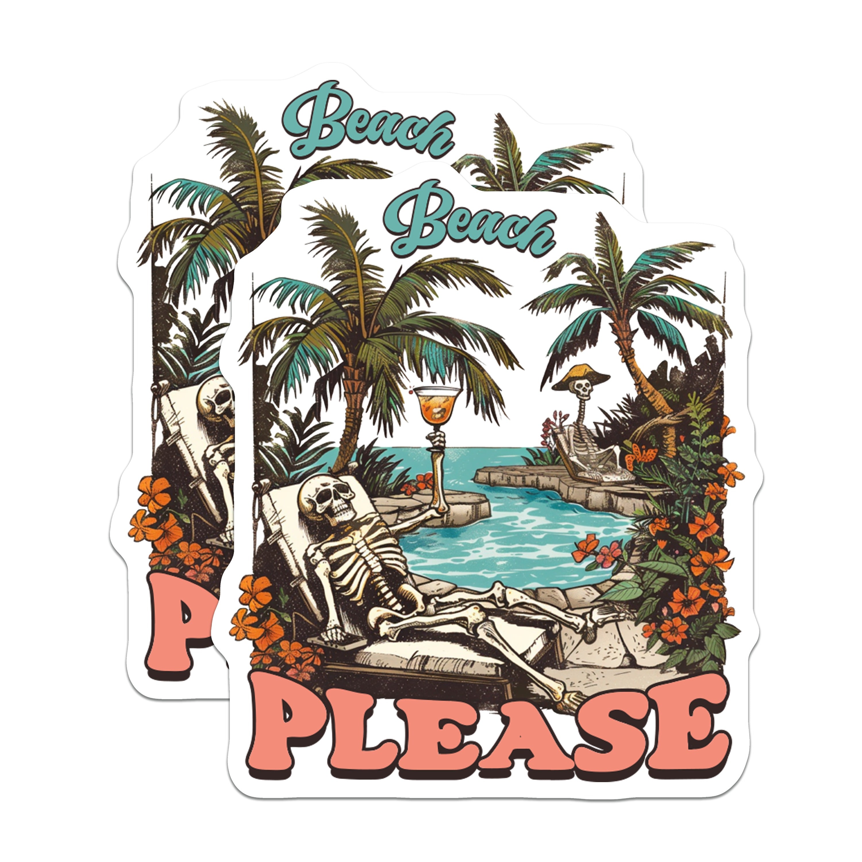 (2 Pack) Beach Please Magnets - Skeleton Tropical Decor - Funny Summer Vacation Vibe - 5 Inches On Longest Side - Thick Durable Magnet - Made in USA - MAG36055