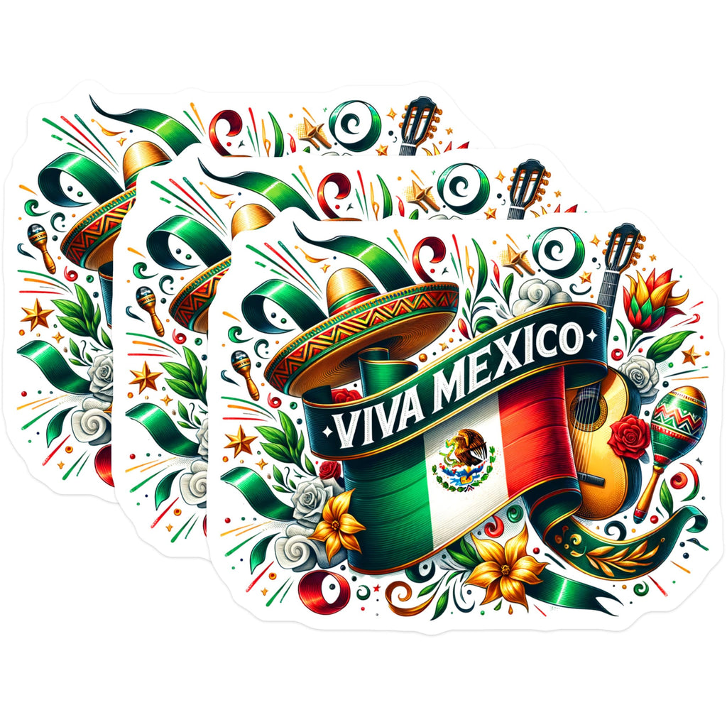 (3 Pack) Viva Mexico Decals - Mexican Flag - Mariachi Guitar- 3 Inches On Longest Side - Easy Peel & Apply - Made in USA - 3MCS5667