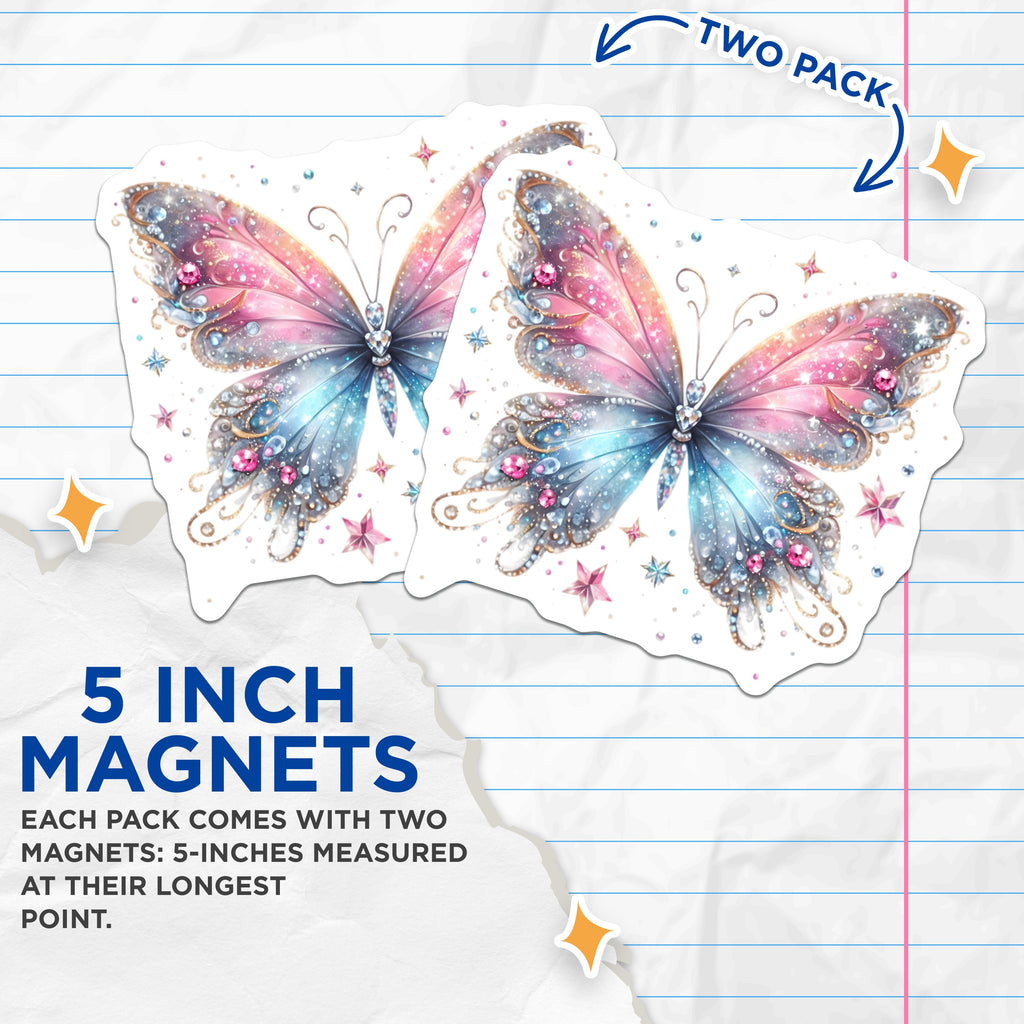 (2 Pack) Jeweled Butterfly Magnets - Sparkly Fairy Wing Aesthetic - Pink Blue Fantasy Celestial Refrigerator Decor Accent - 5 Inches On Longest Side - Thick Durable Magnet - Made in USA - MAG37619