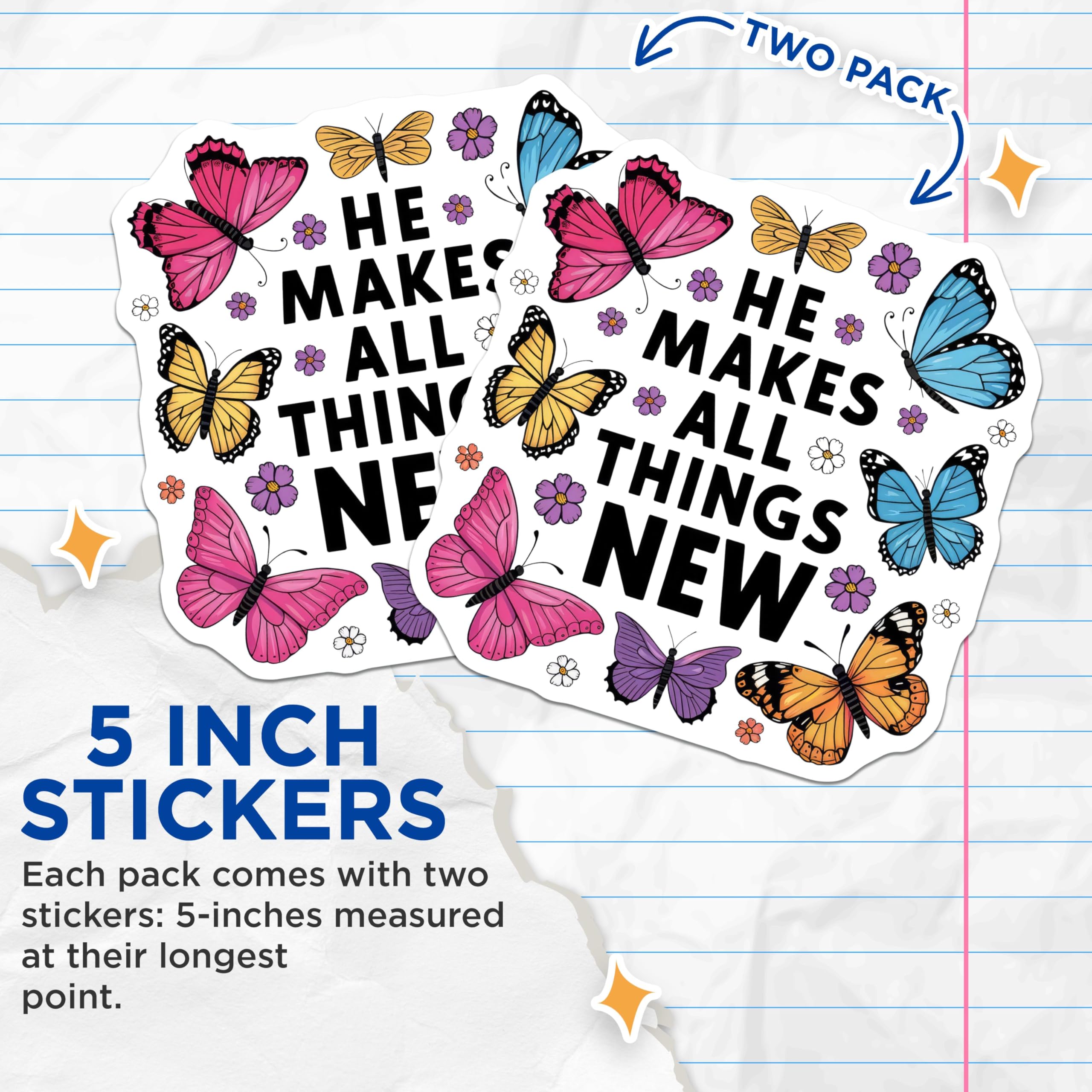 (2 Pack) He Makes All Things New Stickers - Inspirational Quote - Butterflies and Flowers - 5" On Longest Side - Sticks to Smooth Flat Surfaces - Made in USA - BMCS8829