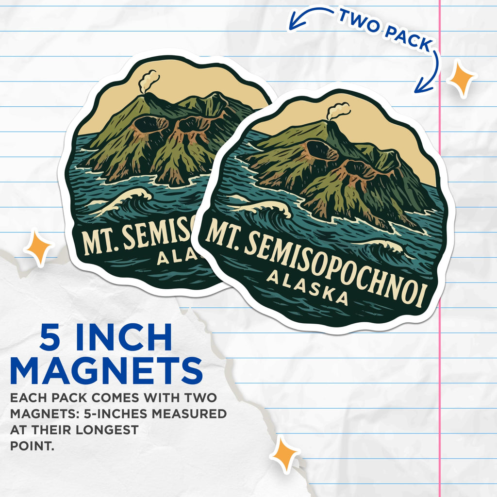 (2 Pack) Mt Semisopochnoi Alaska Magnets - Smoking Volcano Island Ocean Waves - Retro Travel Decor Destination Souvenir - 5 Inches On Longest Side - Thick Durable Magnet - Made in USA - MAG19612