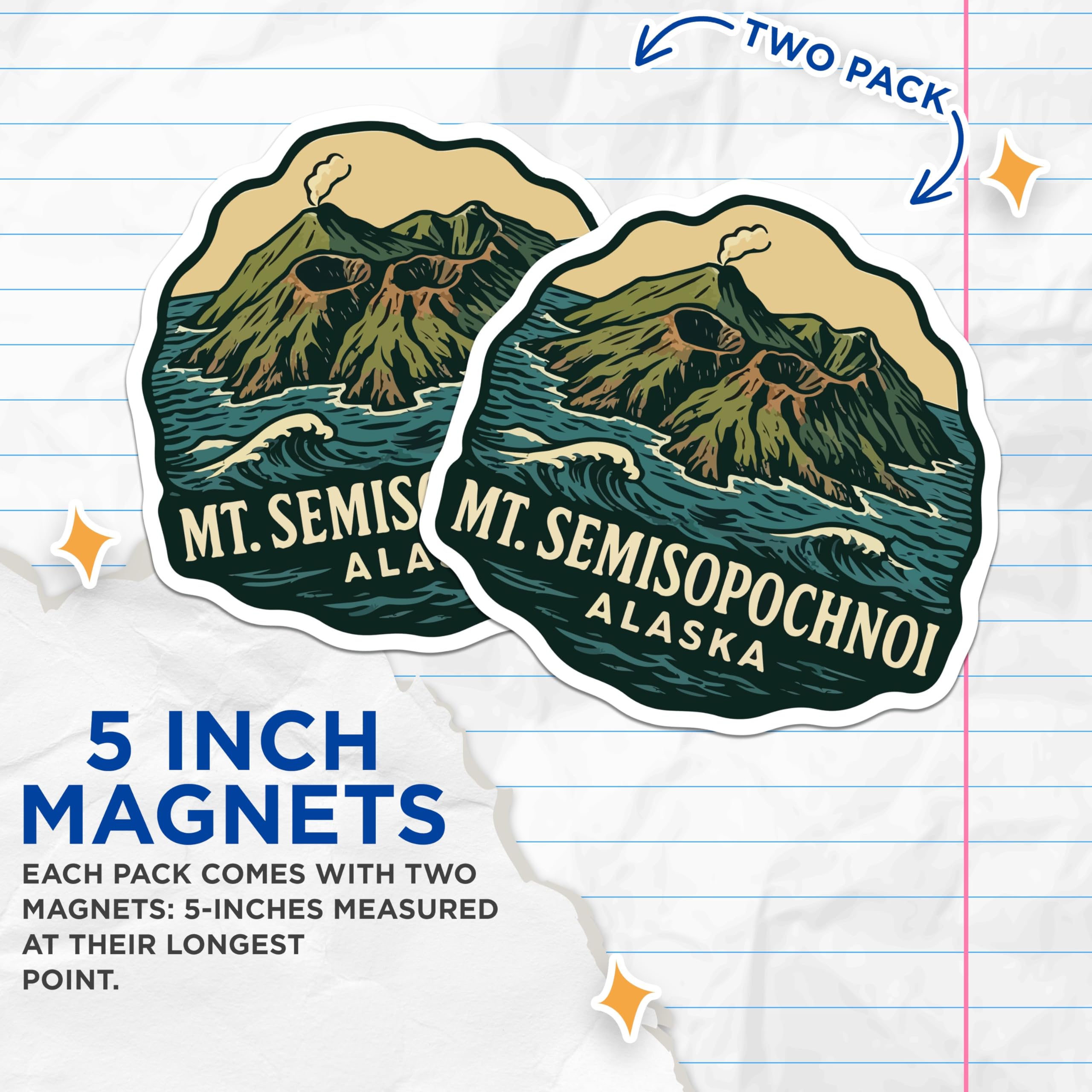 (2 Pack) Mt Semisopochnoi Alaska Magnets - Smoking Volcano Island Ocean Waves - Retro Travel Decor Destination Souvenir - 5 Inches On Longest Side - Thick Durable Magnet - Made in USA - MAG19612