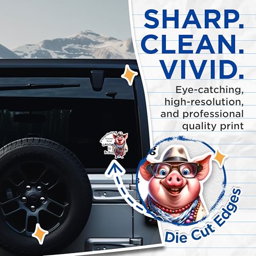 (2 Pack) Funny Overthinking Pig Stickers - Hilarious Cartoon Character Stickers - Cute Pig Wearing Glasses Stickers - 5" On Longest Side - Sticks to Any Smooth Flat Surface - Made in USA - BMCS2928