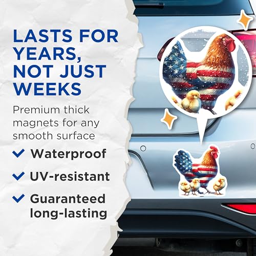 (2 Pack) Patriotic Rooster and Chicks Magnets - American Flag Rooster - Farmhouse Kitchen Decor - Rustic Farm Animal - 5" On Longest Side - for Cars, Fridges, Toolboxes - Made in USA - MAG6967