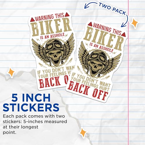 (2 Pack) Biker Warning Stickers - Funny Motorcycle Sticker - Warning Biker Decal - Back Off Sticker - 5" On Longest Side - Sticks to Smooth Flat Surfaces - Made in USA - BMCS5637
