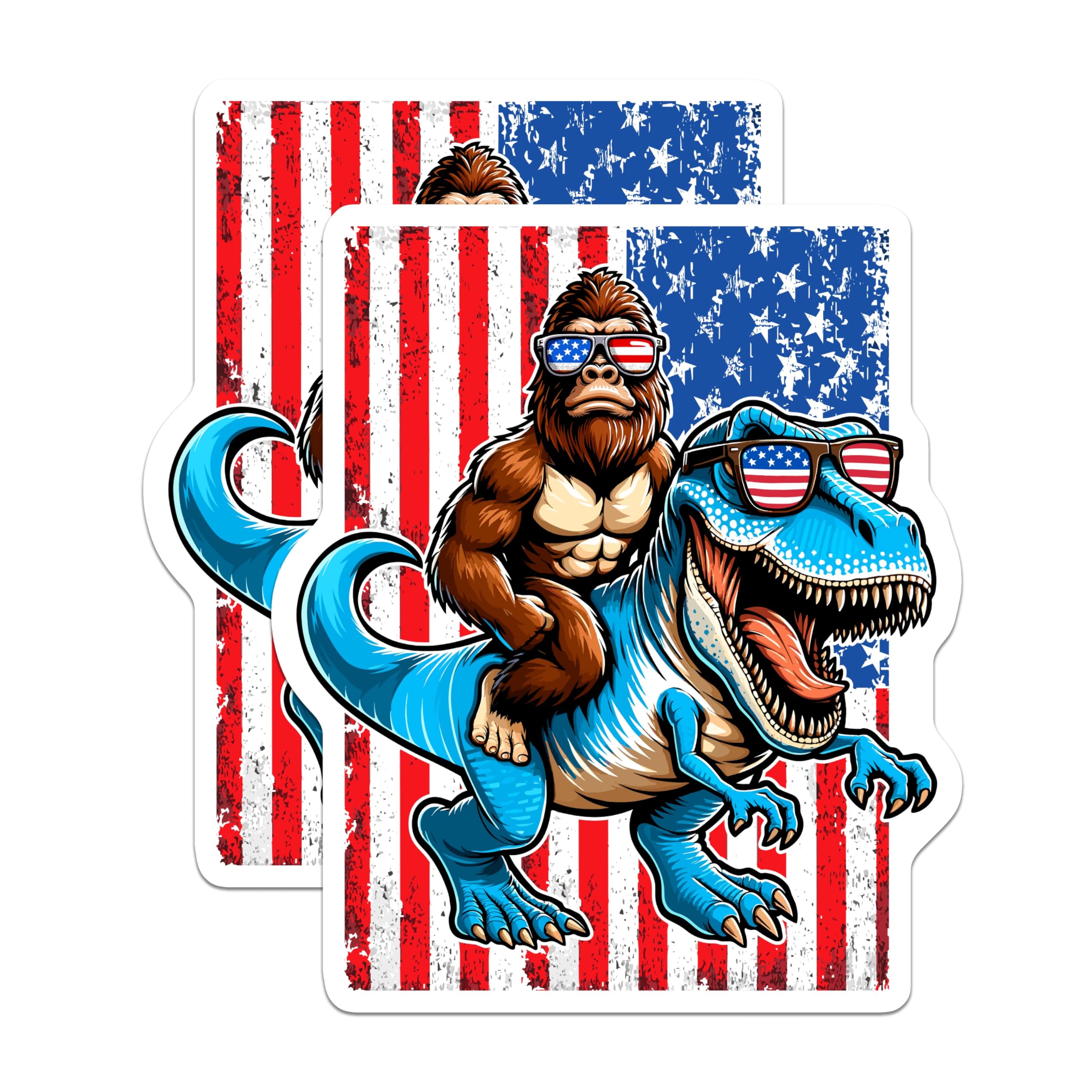 (2 Pack) Bigfoot T-Rex Magnets - American Flag Sunglasses - Patriotic Dinosaur Decor - 5 Inches On Longest Side - Thick Durable Magnet - Made in USA - MAG21731
