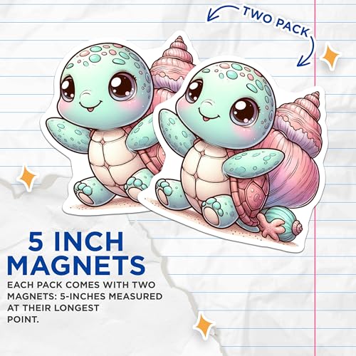 (2 Pack) Adorable Sea Life Magnet - Cartoon Turtle Decor - 5" On Longest Side - Sticks to Smooth Flat Surfaces - Made in USA - MAG10086