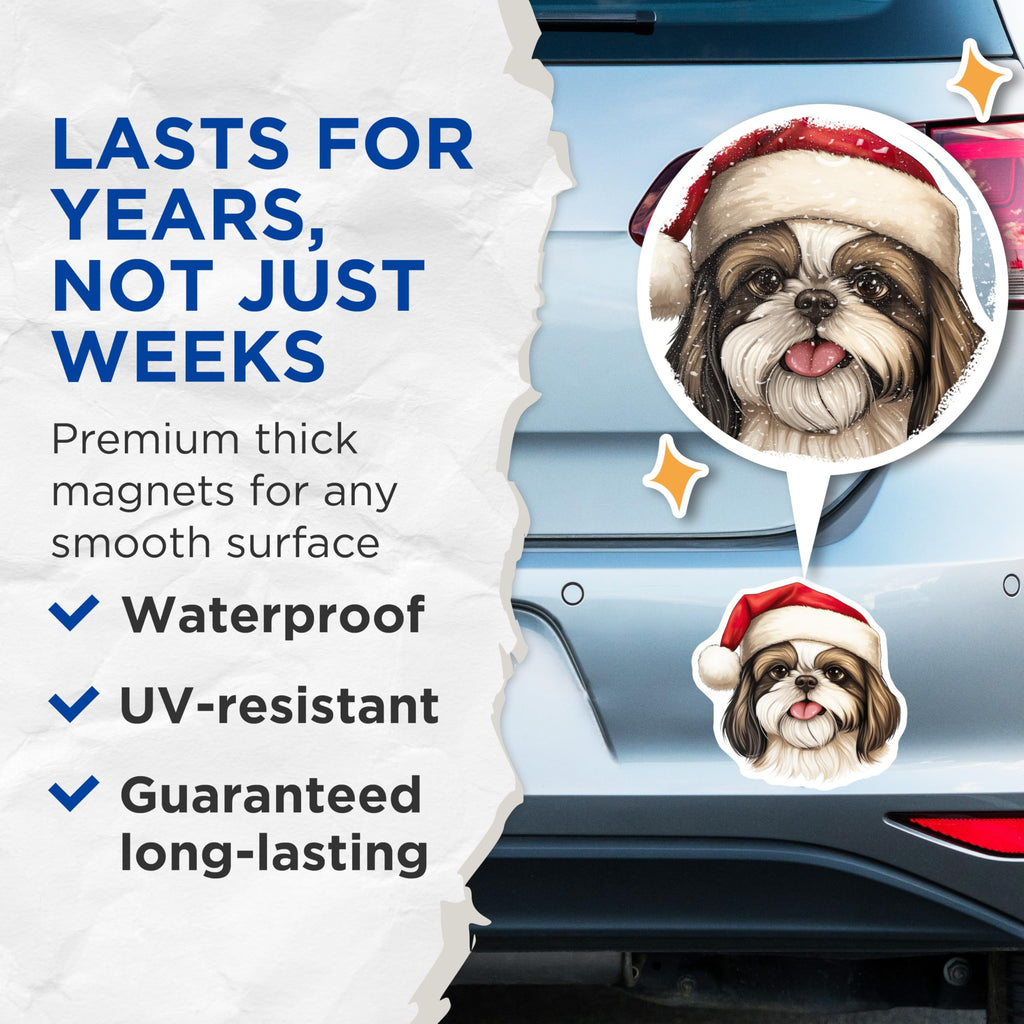 (2 Pack) Christmas Shih Tzu Magnets - Santa Hat Dog Decor - Pet Lover Holiday Stocking Stuffer - 5 Inches On Longest Side - Thick Durable Magnet - Made in USA - MAG29982