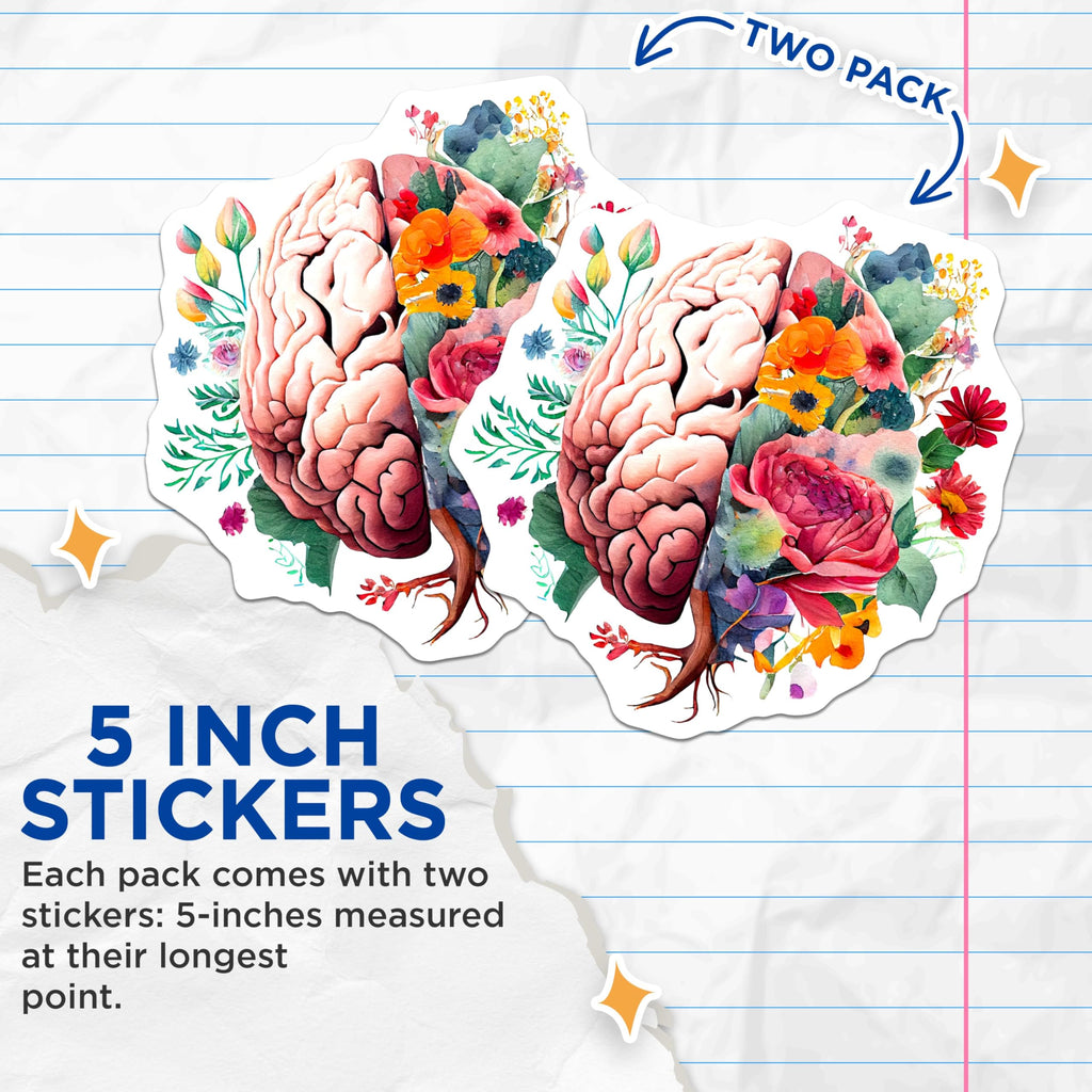 (2 Pack) Brain Flower Art Stickers - Botanical Brain Illustration Stickers - Brain Anatomy Aesthetic Stickers - 5" On Longest Side - Sticks to Smooth Flat Surfaces - Made in USA - BMCS3997