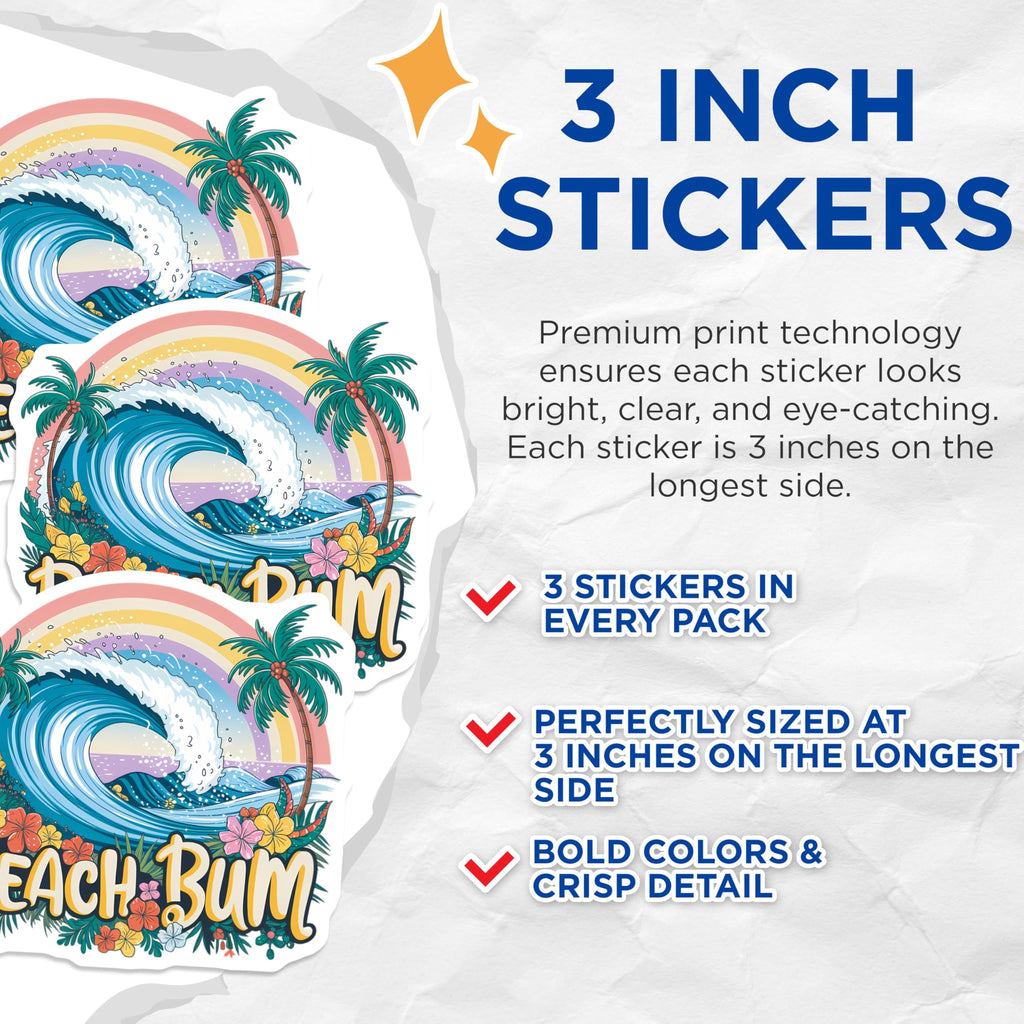 (3 Pack) Beach Bum Decals - Tropical Wave - Rainbow Palm Tree - 3 Inches On Longest Side - Easy Peel & Apply - Made in USA - 3MCS8354