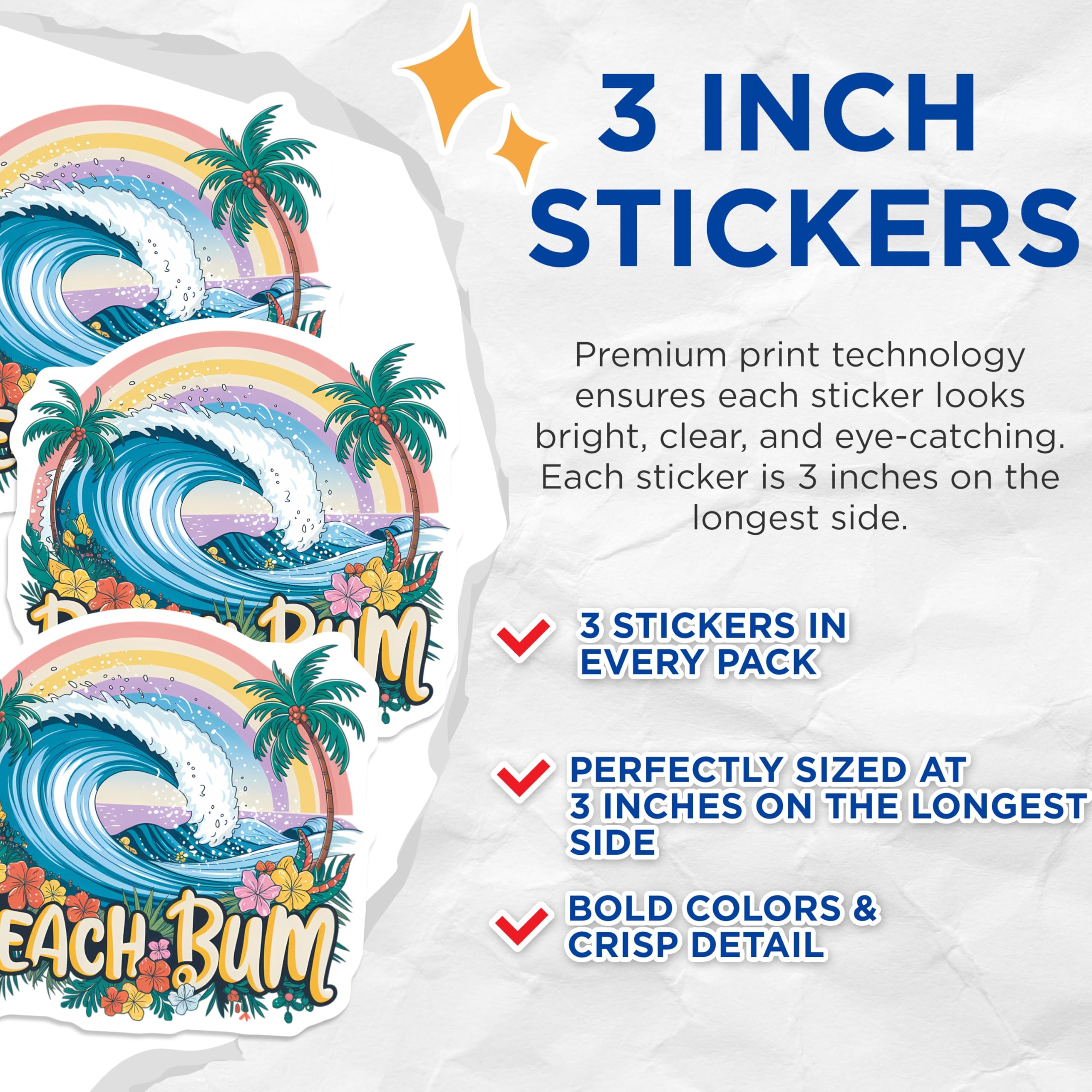 (3 Pack) Beach Bum Decals - Tropical Wave - Rainbow Palm Tree - 3 Inches On Longest Side - Easy Peel & Apply - Made in USA - 3MCS8354