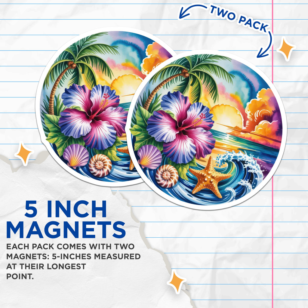 (2 Pack) Tropical Beach Sunset Magnets - Hibiscus Ocean Waves Starfish Seashell - Watercolor Summer Vibes Decor - 5 Inches On Longest Side - Thick Durable Magnet - Made in USA - MAG37804